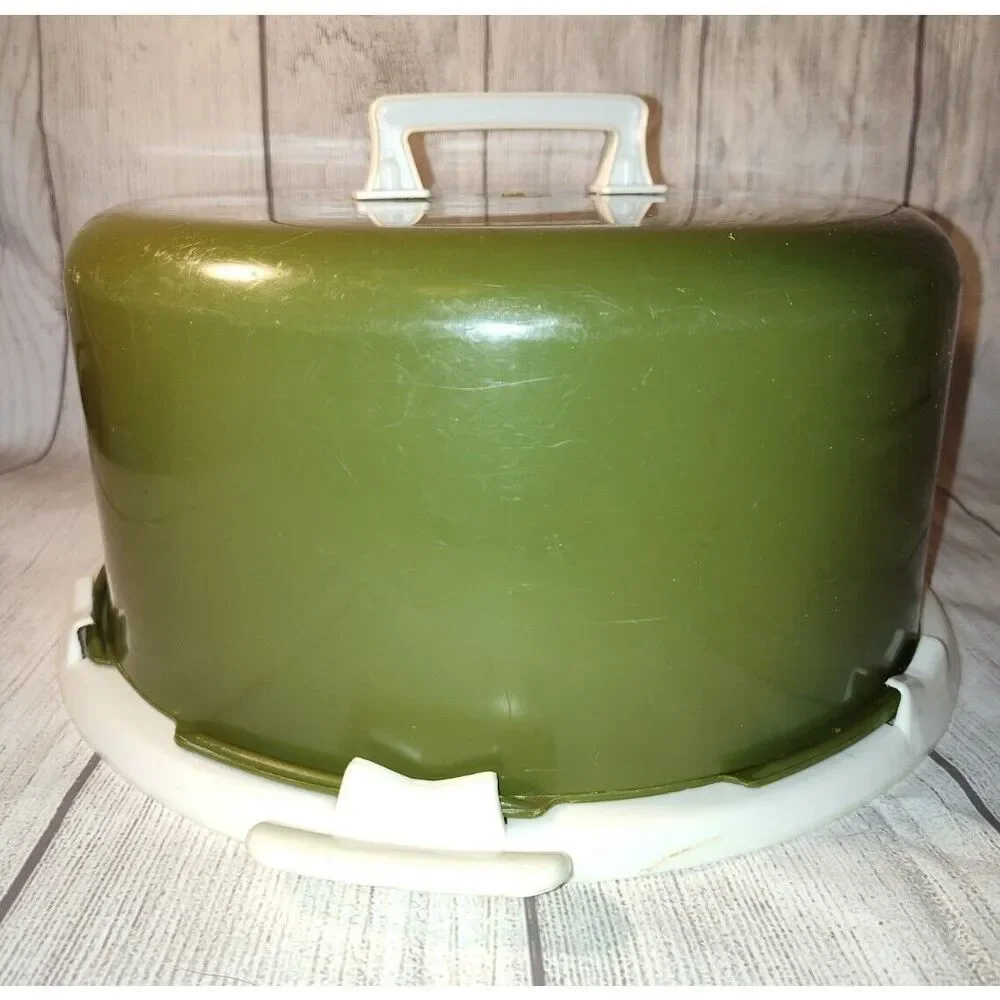 Vintage Avocado Green Cake Carrier/Holder w/handle - Base, Lid/w/flaws Plastic